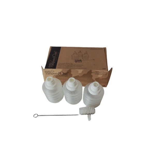 Pampered Chef Decorated Bottle Set Three Bottles With Brush And Original Box - Picture 11 of 16